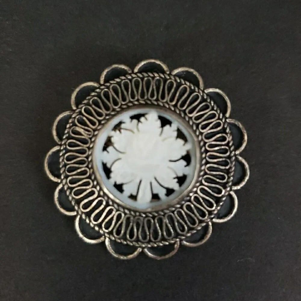 Vintage 935 Silver Jerusalem Carved Mother Of Pearl Flower Brooch Pin Pendant